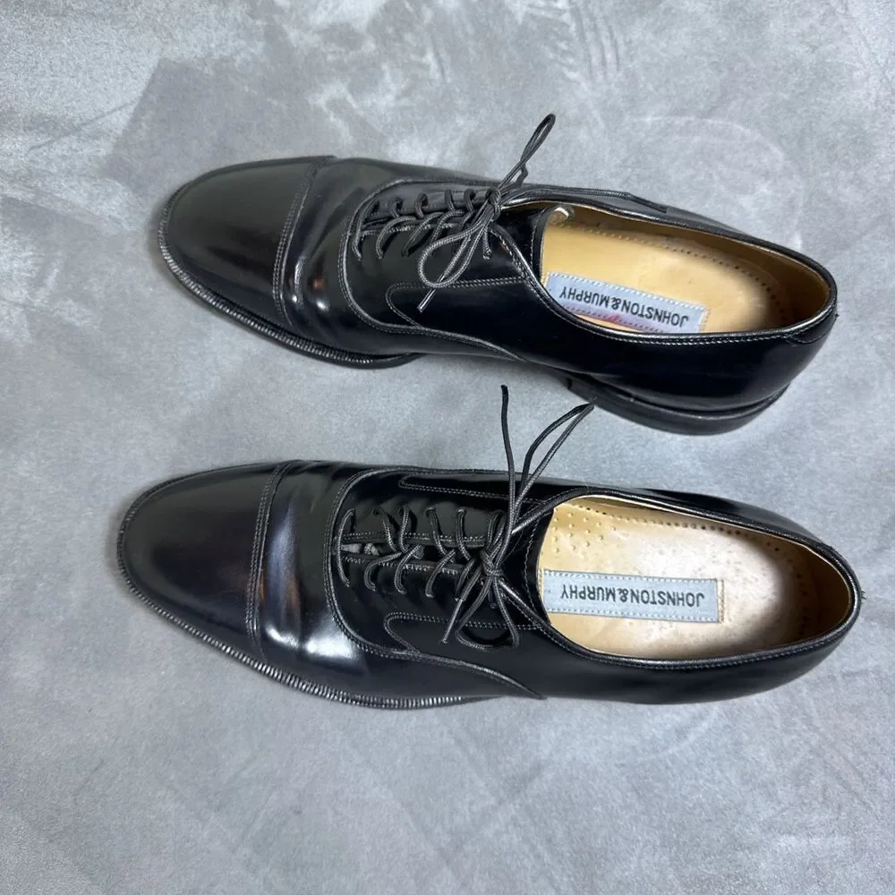 Johnston & Murphy 9 D Men’s Cap Toe Black Dress Shoes Oxford Leather Melton